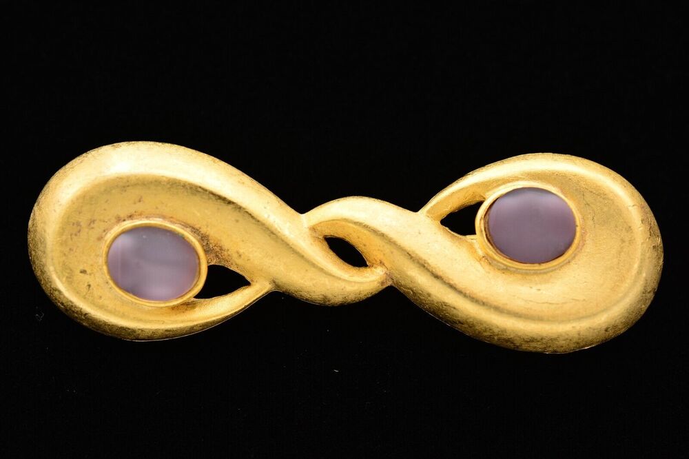 Vintage Pin Brooch Brushed Gold Frosted Purple Cabochon Chunky 1980s BinAH